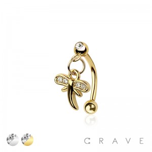 DRAGONFLY DANGLE CZ ROUND 316L SURGICAL STEEL CURVED BARBELL/EYEBROW